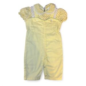 Vintage 70s Yellow Girls Overalls Romper 12 Months Floral Snap Buttons